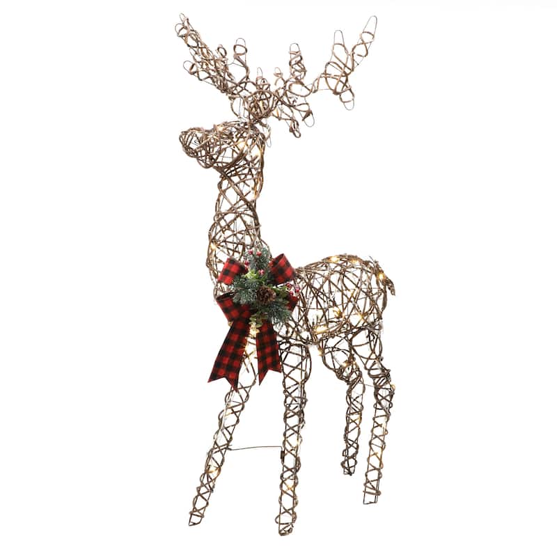 Rattan Standing Reindeer with Bow and LED Lights - Natural