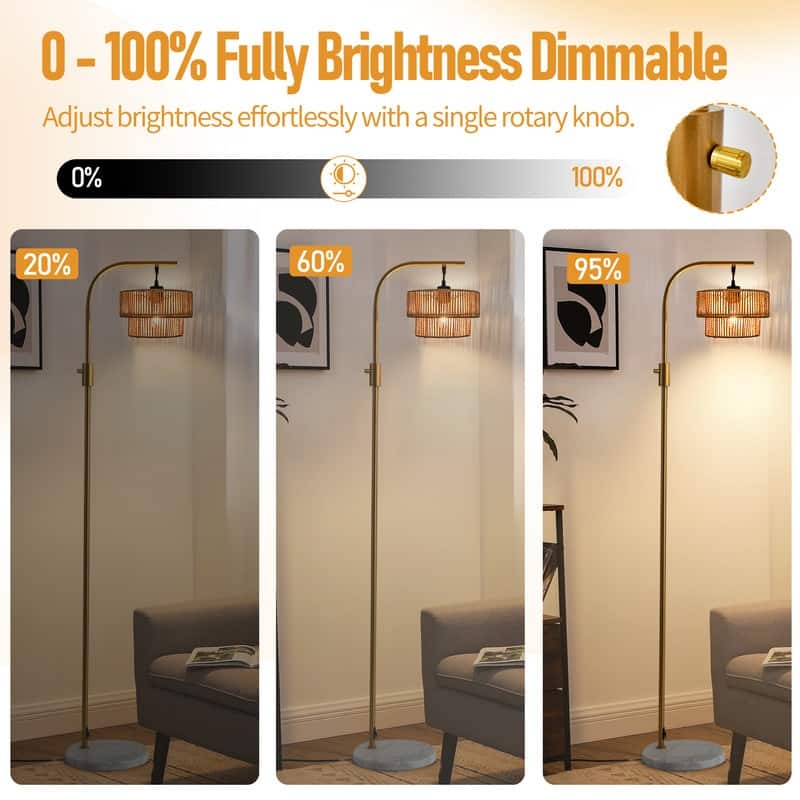 Elegant Boho Arc Floor Lamp Dimmable with Wicker Shade & Marble Base