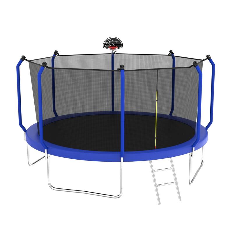Outdoor Trampoline with Safety Net, Basketball Hoop & Ladder