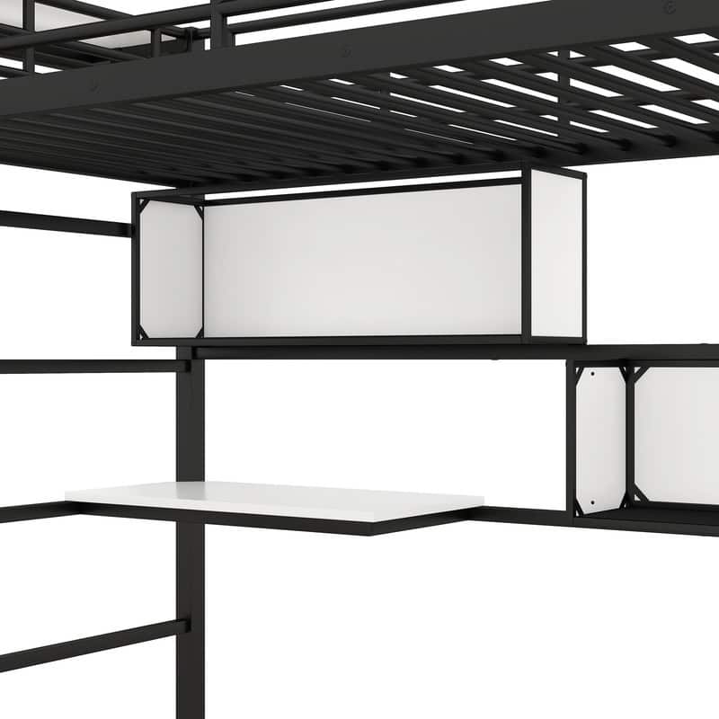 Twin Size Metal Loft Bed with 2 Shelves, Desk and Hanging Clothes Rack