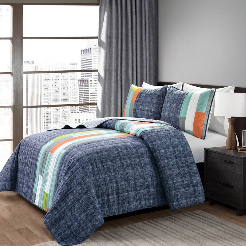Lush Decor Shelly Stripe Quilt Set - Navy & Orange - Full - Queen