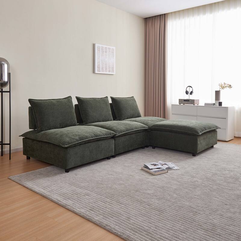Green 104" Chenille Upholstered Armless L-Shaped Modular Sectional Sofa with Moveable Ottoman, Free Combination Design - Green