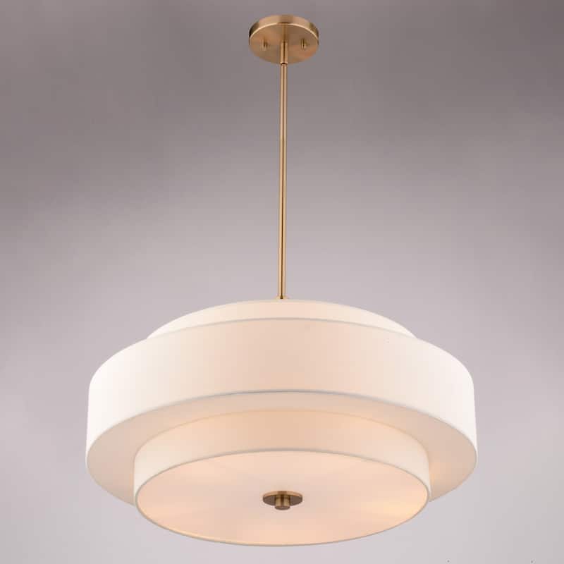 VAXCEL Brentwood Sunset Gold Mid-Century Modern Drum Pendant, White Linen Fabric Shade, Hanging Ceiling Light Fixture