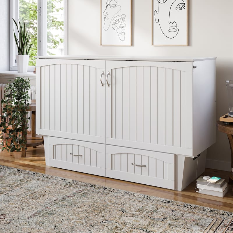 Sydney Queen Murphy Bed Chest with 6" Mattress, Storage Drawer & Built-In Charger in White
