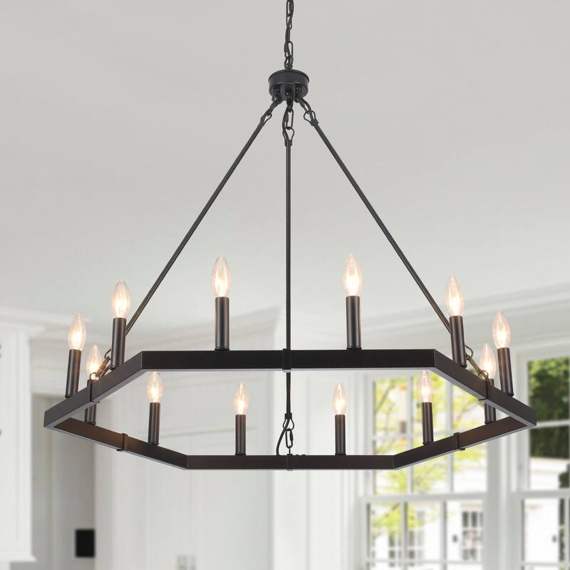 12-Light Rustic Candlestick Hanging Linear Chandelier Lighting Fixture for Kitchen Island - Black