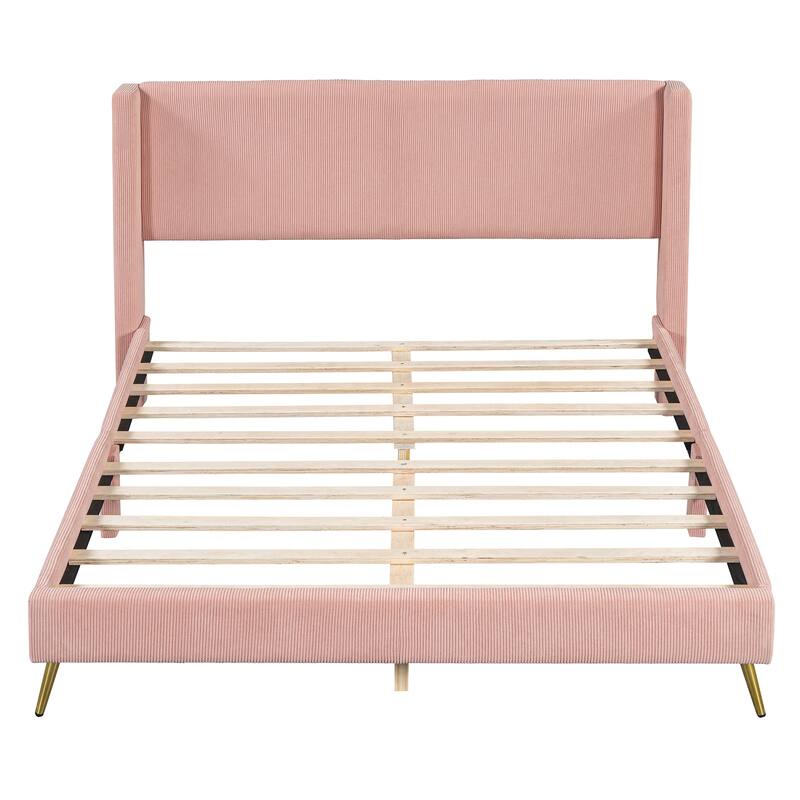 Queen Size Corduroy Platform Bed with Metal Legs and Wood Frame