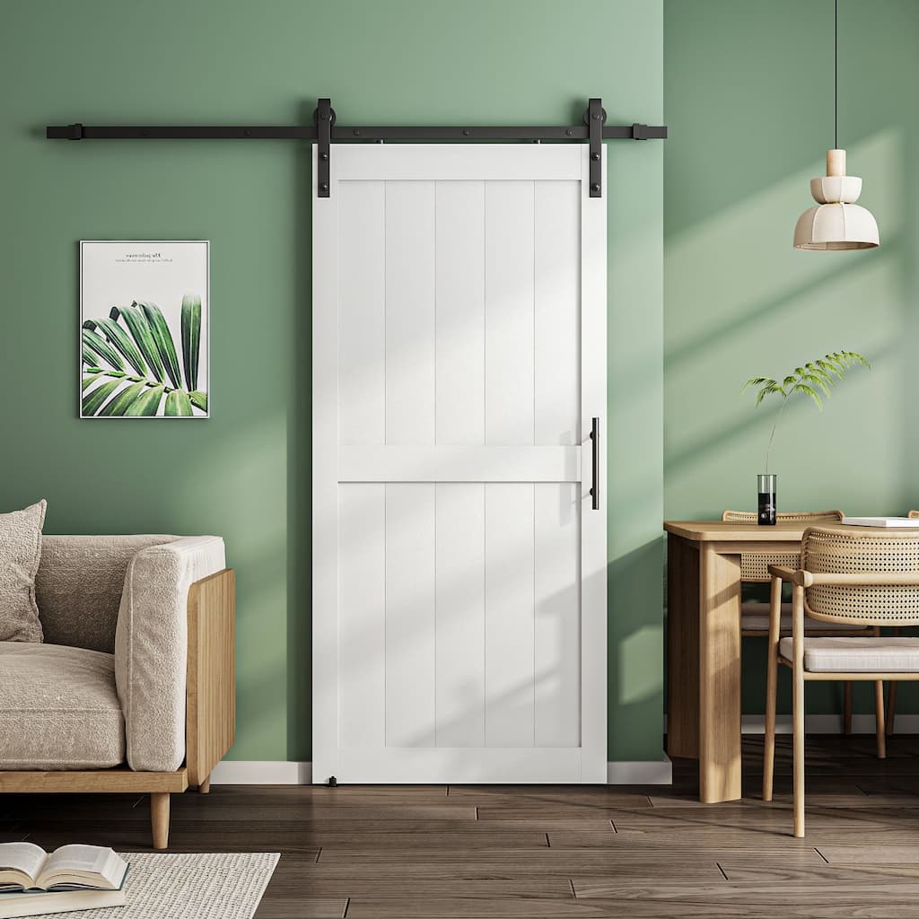 84''H Primed H-Frame White Sliding Barn Door Water Proof PVC Surface With Installation Hardware Kit