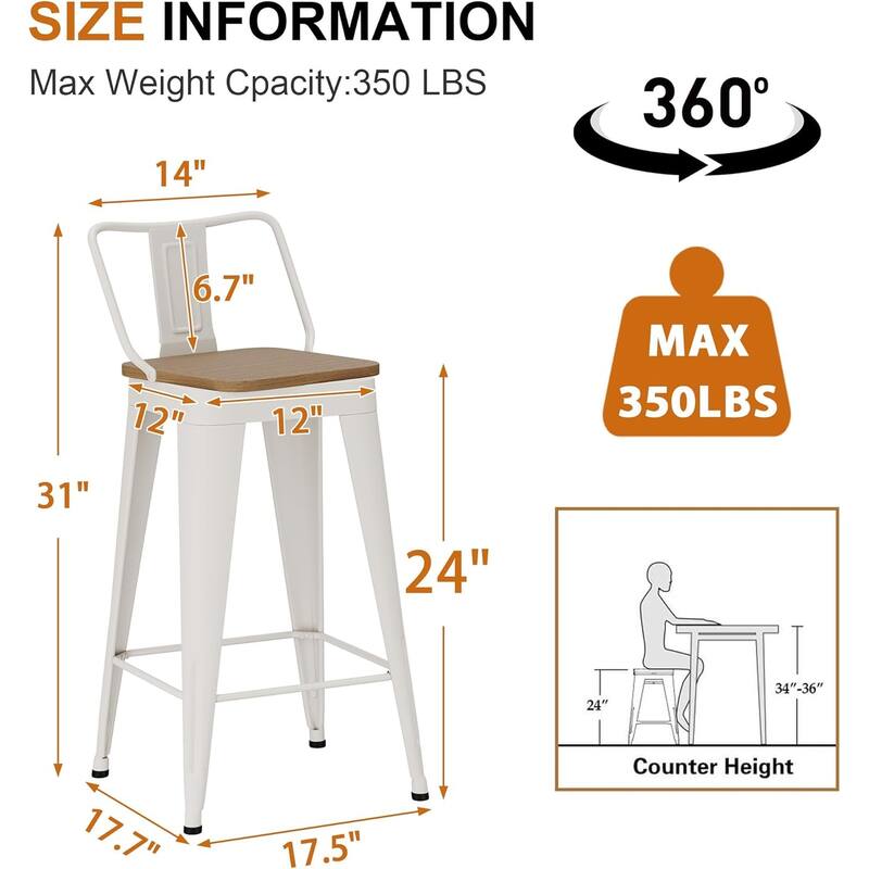 Swivel Counter Stools with Metal Frame Farmhouse Counter Chairs with low Back 24" Kitchen Bar Furniture Stools with Wooden Seat