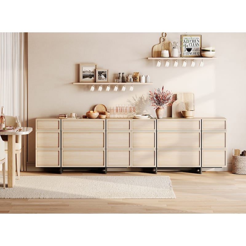 WAMPAT Modern Sideboard Buffet Cabinet with 9 Drawers, Multifunctional Sideboard with Large Storage and T-Shaped Legs - 2 Piece - Light Oak