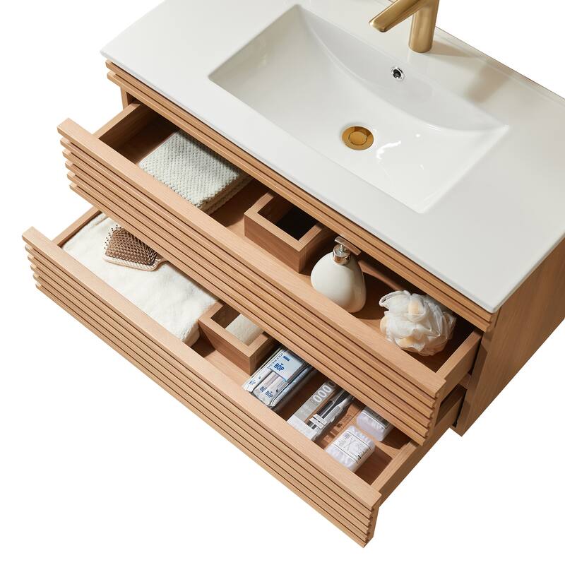 GDFStudio - Modern 36" Wall-Mounted Floating Bathroom Vanity with Integrated Ceramic Basin & Soft-Close Drawers, Fully Assembled