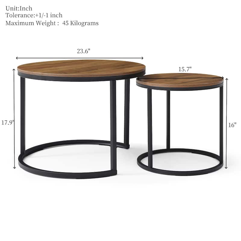 Modern Round Coffee Table with Wood Top and Sturdy Metal Frame (Set of 2)