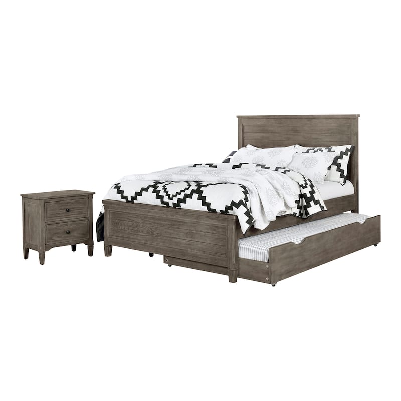 Furniture of America Lanister 2-Piece Wood Wire-Brushed Warm Grey Kids Panel Bed and Nightstand Set with Trundle