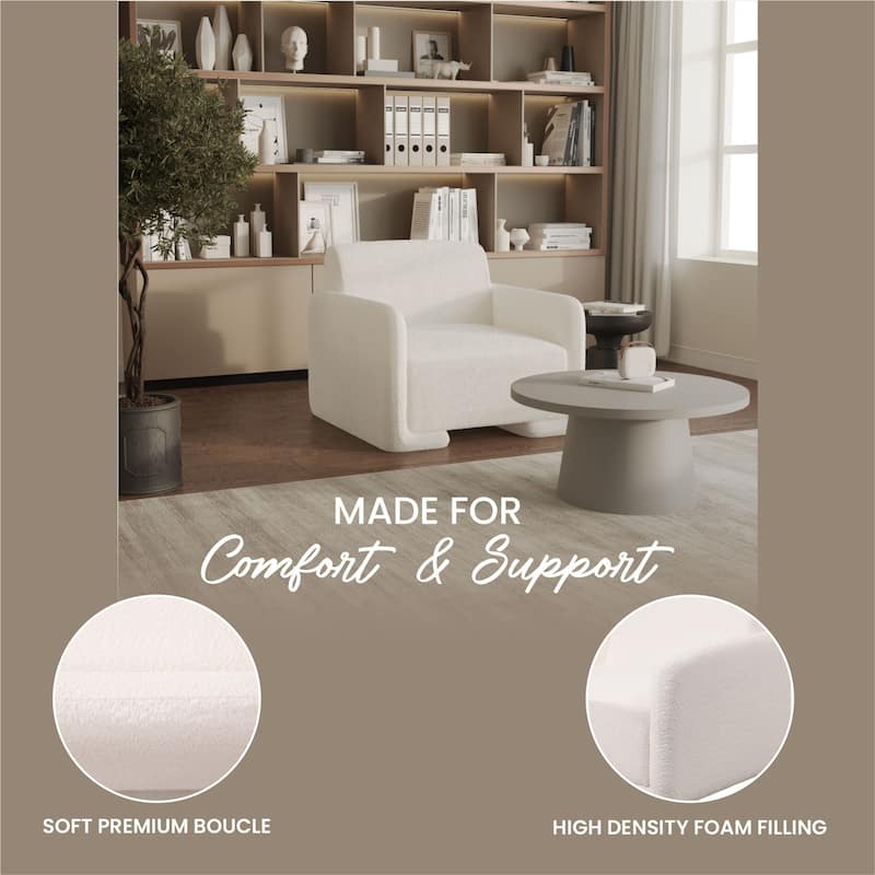 Nyta Mid-Century Accent Armchair in Deep Foam Seat, Boucle or Linen Upholstery, and Plastic Glides with Solid Wood Support