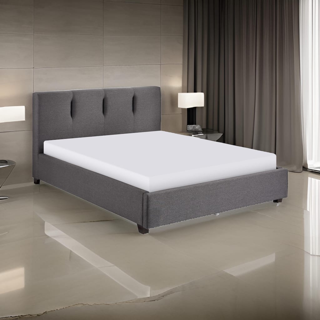 Orra Queen Platform Bed, Tufted Dark Gray Polyester Upholstery, Solid Wood