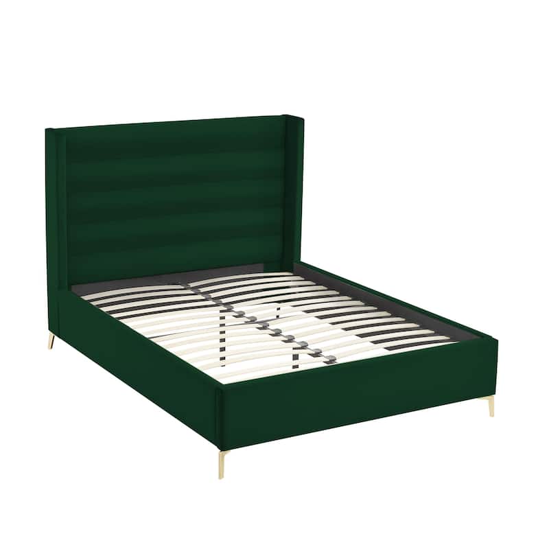 HomeRoots Green Velvet Upholstered Full Bed Frame