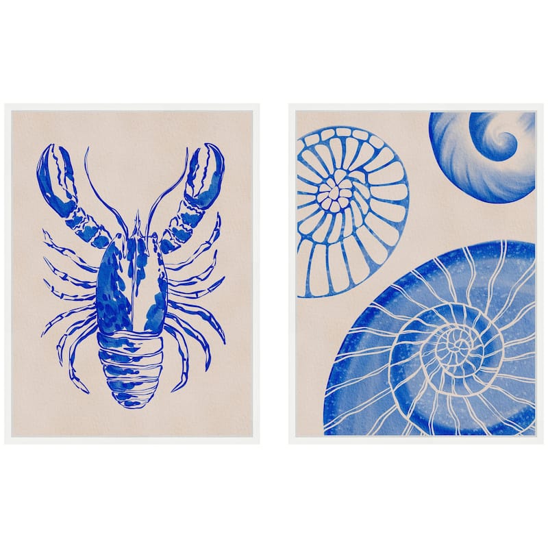 Kate and Laurel Sylvie Lobster and Ocean Charms 1 Framed Canvas Art Set by Nikita Jariwala