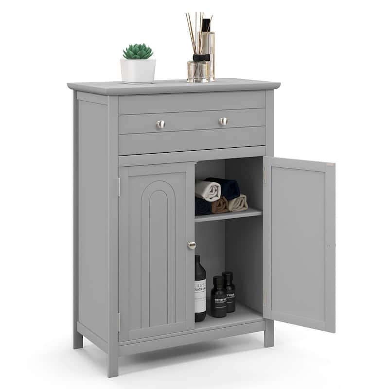 Gymax Bathroom Floor Cabinet Wooden Storage Organizer with Drawer & - Grey