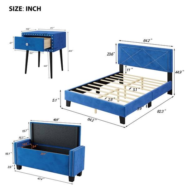 4-Piece Queen Size Bedroom Set with Upholstered Bed, Nightstands, and Ottoman