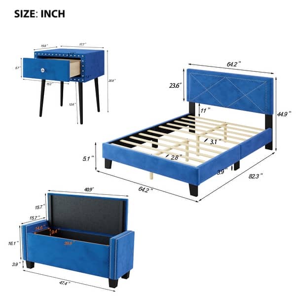 4-Pieces Bedroom Sets Queen Size Upholstered Bed Frame with Rivet Design,Nightstands and Ottoman,Blue