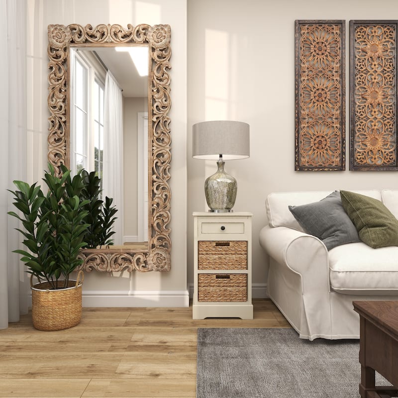 Light Brown Mango Wood Intricately Carved Floral Room Wall Mirror