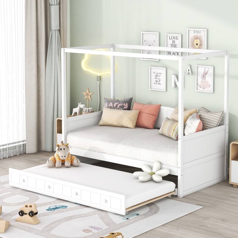 Twin Canopy Daybed with Trundle Bed, Space-Saving Design - White - Twin