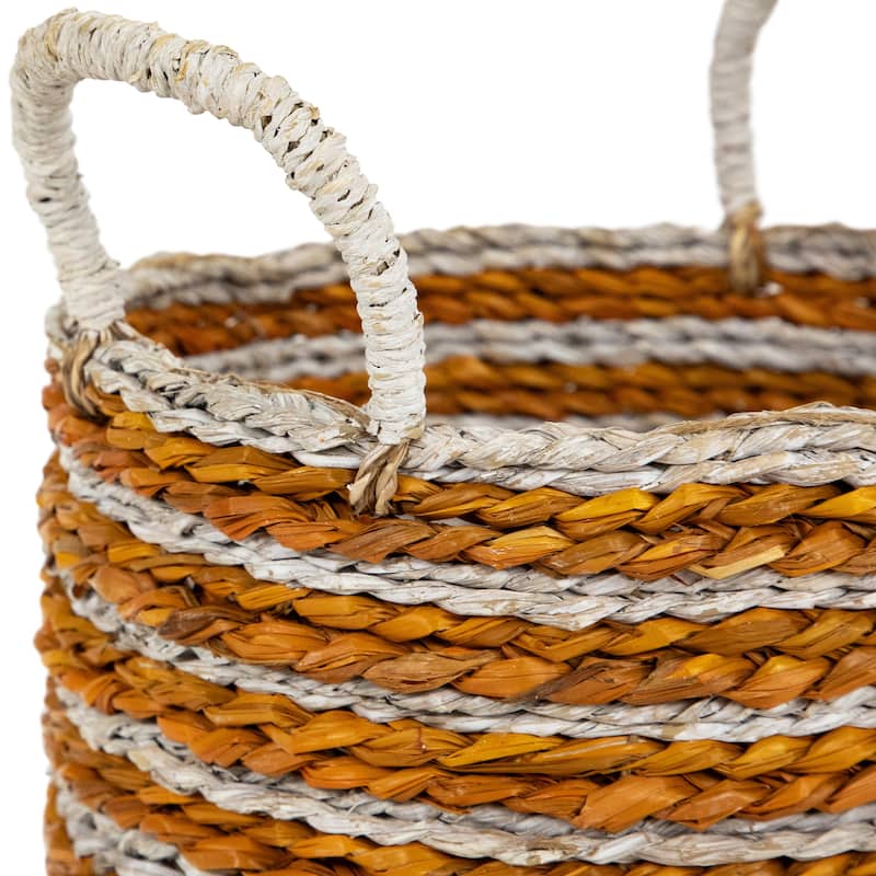 Set of 4 Striped Woven Seagrass Round Baskets with Handles 13.5"