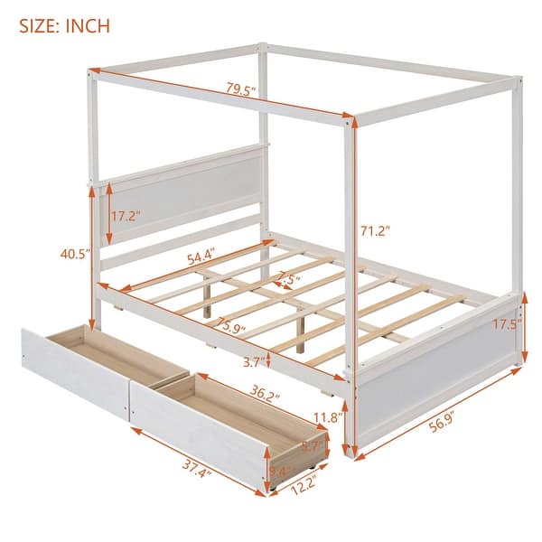 dimension image slide 2 of 3, Full Size Wood Canopy Bed with 2 Drawers - Modern Design for Stylish Bedrooms, Brushed White/Brown/Grey