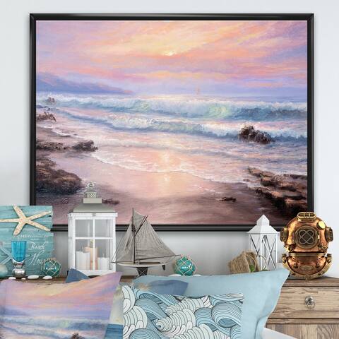Designart "Pastel Purple Sunset Over Incoming Ocean I" Nautical & Coastal Framed Canvas Wall Art Print