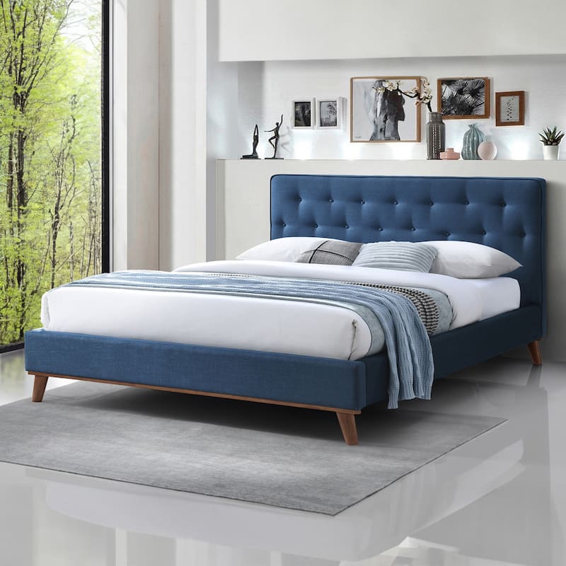 Alina Mid-Century Linen Upholstered Queen/King Platform Bed - Navy Blue - King