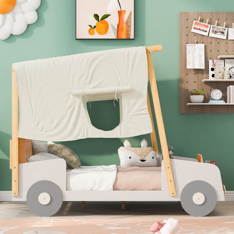Roomfitters Size Car Canopy Bed, Wood Frame Platform with Upholstered Headboard, Tent Roof Design - Full