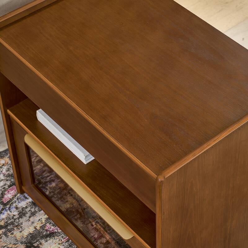 Roomfitters Mid Century Nightstand, Glass Drawer, Bedside Table with Charging Ports, Storage