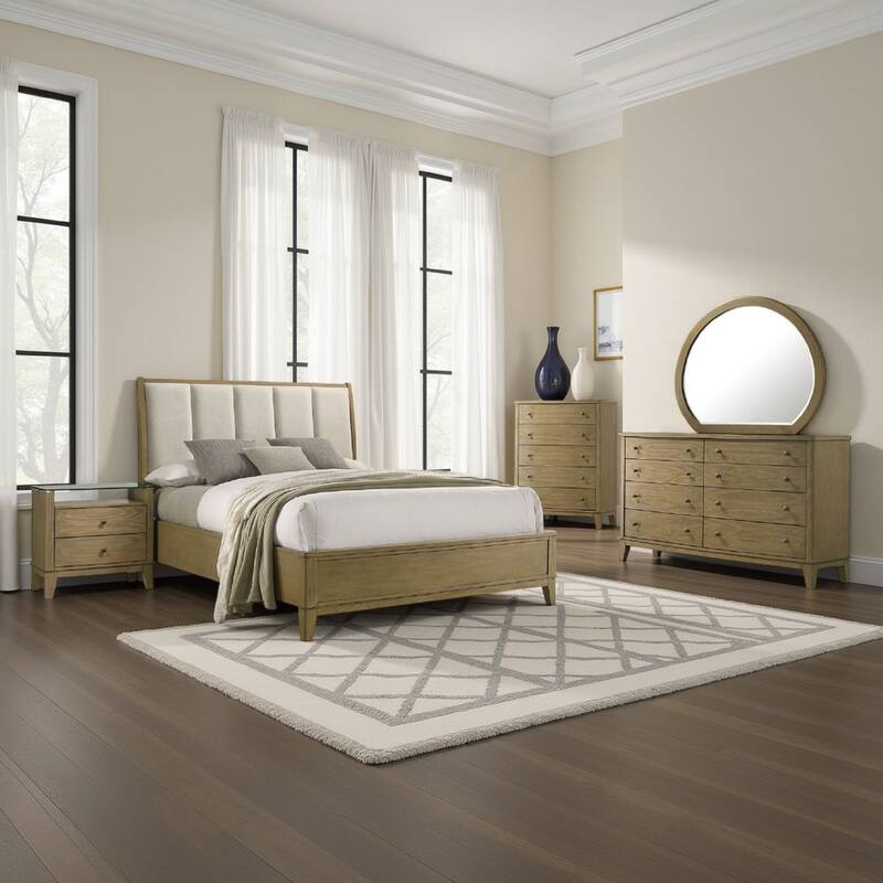 Heon 5pc Queen Bedroom Set, Beige Tufted Headboard, Natural Brown