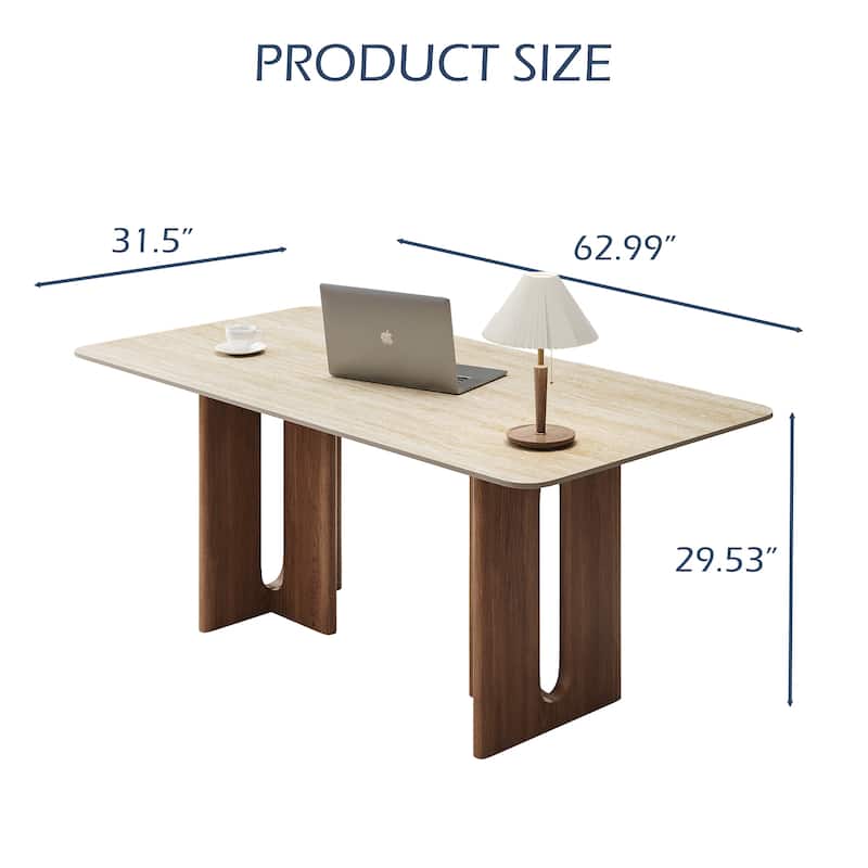 63" Modern Rectangular Dining Table for 4,Faux Marble top with Travertine Texture,Double Legs with Solid Woood Veneer