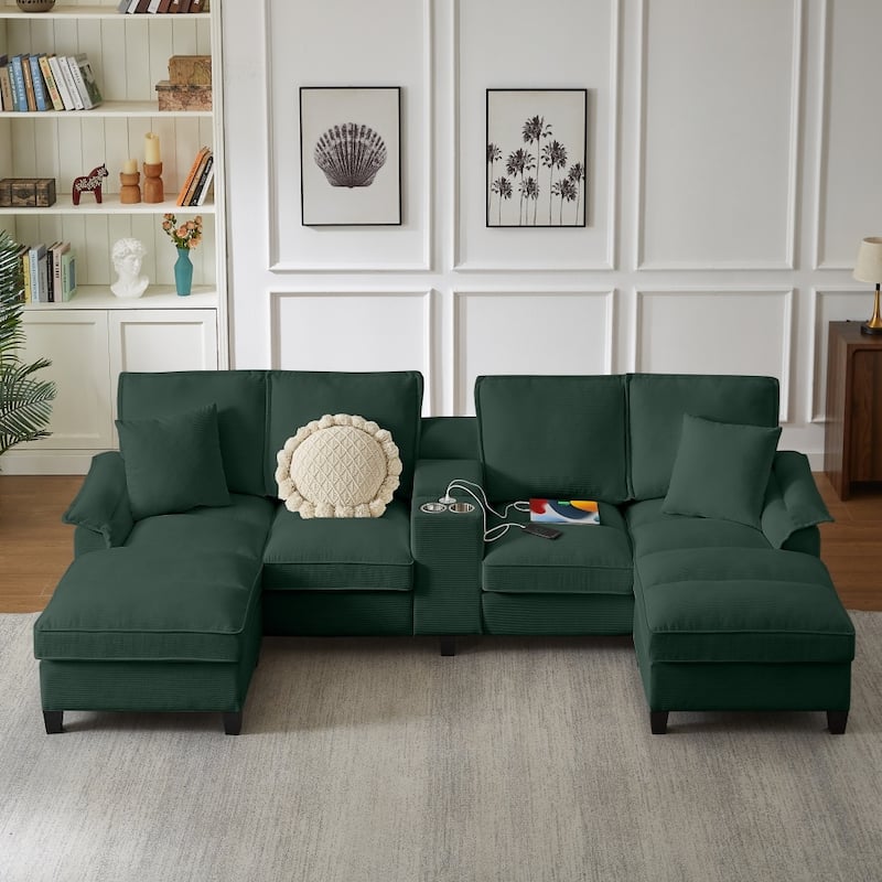 121.2" Modular Corduroy Sectional Sofa with Storage Console and Chaise Footrests