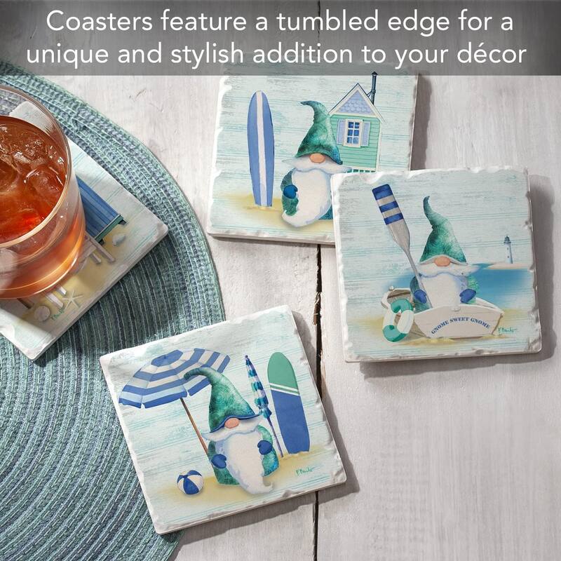 Coastal Gnomes 4 Pack Absorbent Stone Tumbled Tile Coasters with Protective Cork Backing 4" Square Manufactured in The USA