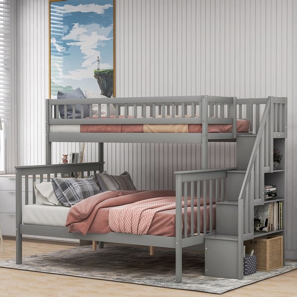 slide 2 of 22, Twin Over Full Stairway Bunk Bed with Storage Shelves, Wooden Frame Gray - Twin