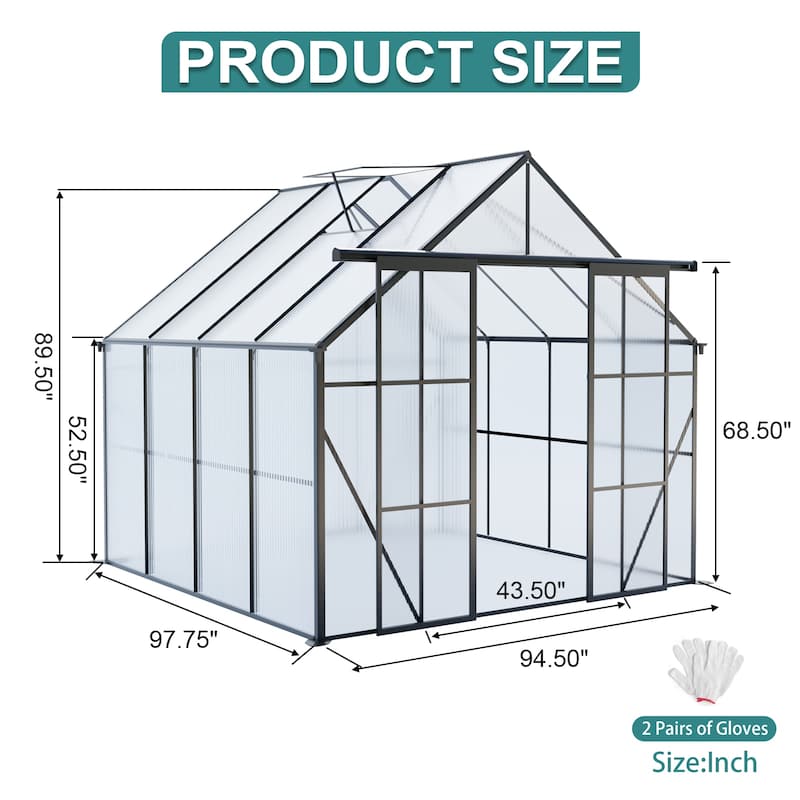 GDF Studio - Kensington Outdoor Aluminum Polycarbonate Greenhouse with Double Sliding Doors and Raised Base