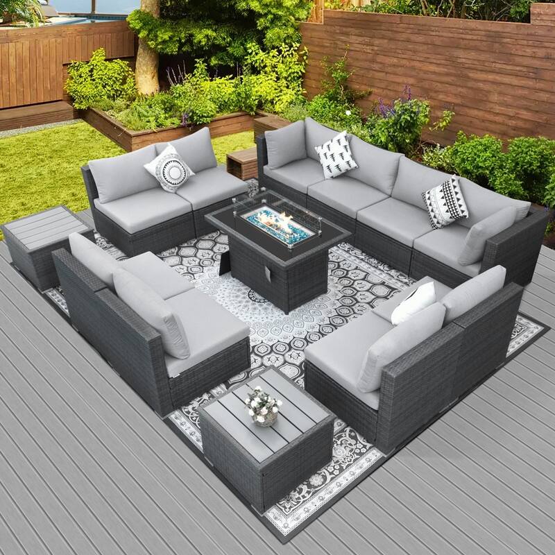 FINCATI Outdoor Grey Wicker Sectional Furniture Patio Sofa Set with Firepit Table