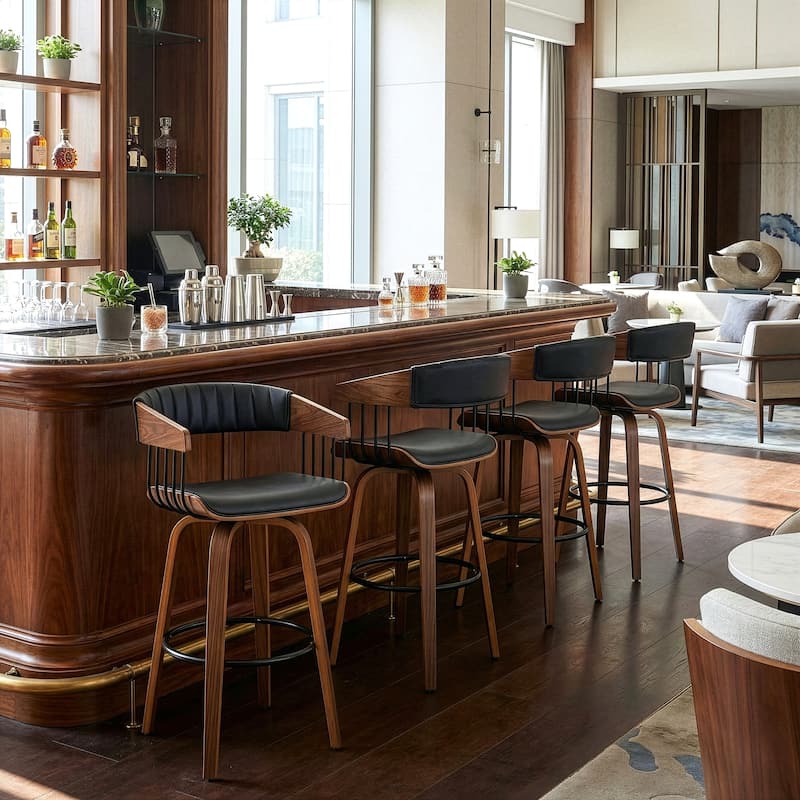 Beaumont Black Faux Leather Bar Stool with Walnut Wood Frame and Legs