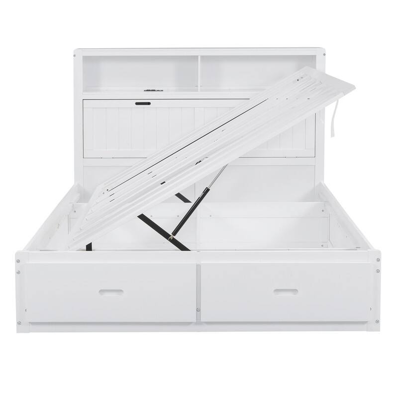 Full/Queen Size Hydraulic Storage Platform Bed Frame with LED, Charging Station and 2 Drawers