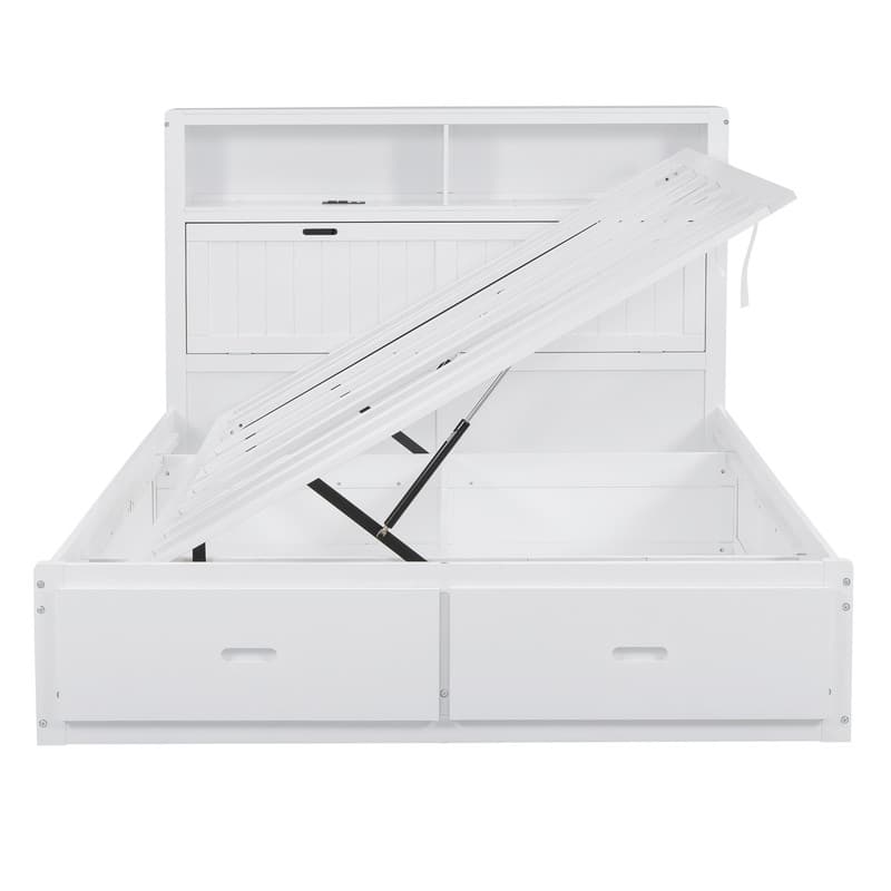 Queen Size Wood Platform Bed with LED Headboard Charging Station 2 Drawers Hydraulic Storage