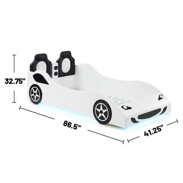 dimension image slide 1 of 3, Wooden Twin Size Car Bed with LED Strip Lighting