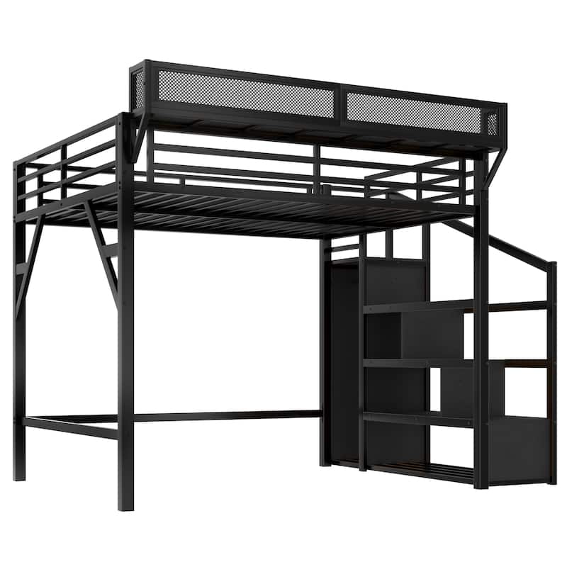Queen Loft Bed with Storage Stairs, Shelves, Wardrobe, USB Ports, LED Lights, Black Woodgrain