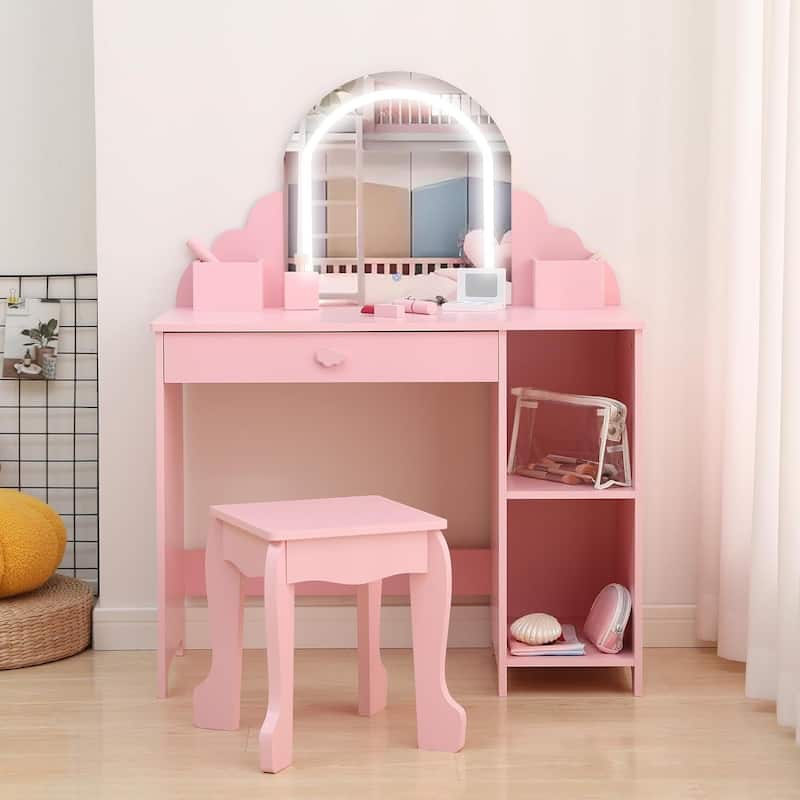 2 in 1 Kids Vanity Table & Stool with Lighted Mirror and Makeup Palyset - Pink