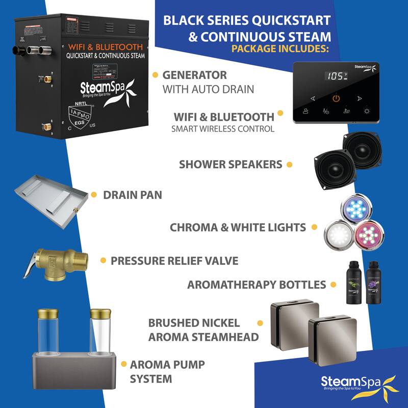 Black Series 12kw Steam Bath Generator with Wireless Remote, Bluetooth, WIFI, and Dual Aroma Pump - 12 KW