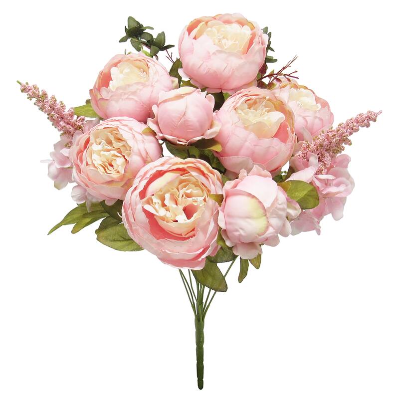 Artificial Mixed Peony Hydrangea Flower Stem Bush Bouquet 19in - 19" L x 11" W x 11" DP - Cream Pink