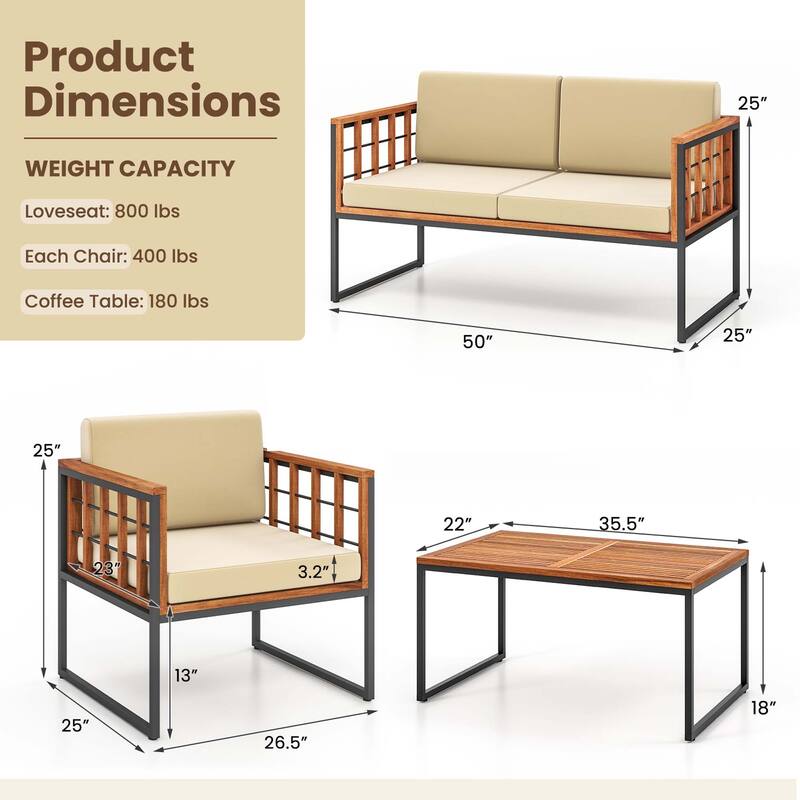 4 PCS Outdoor Furniture Set Wood Outdoor Sofa Set W/ Soft Cushions