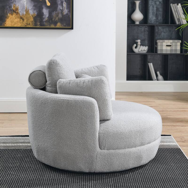 Oversized Teddy Fabric Swivel Barrel Chair with Moon Ottoman & 4 Pillows