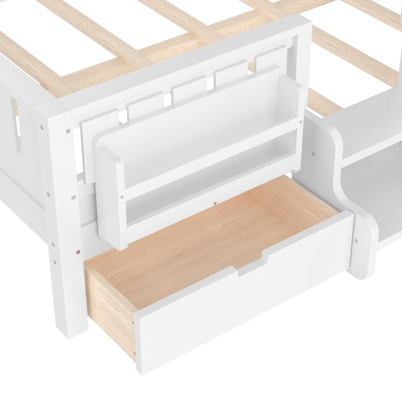 Multiple Colors Toddler Montessori Bed Children's Platform Bed with Low Profile Stairs, Built-in Bookshelf and Storage Drawers