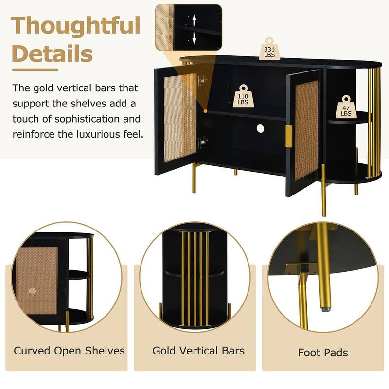 Sideboard Buffet Cabinets with Woven Ratta Doors, Curved Kitchen Storage Cabinets, Wood Coffee Bar Tables